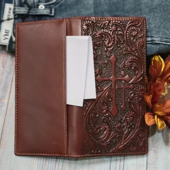 Cross Western Wallet Rodeo Cowboy Religious Real Leather bifold Brown Wa… - Picture 6 of 10
